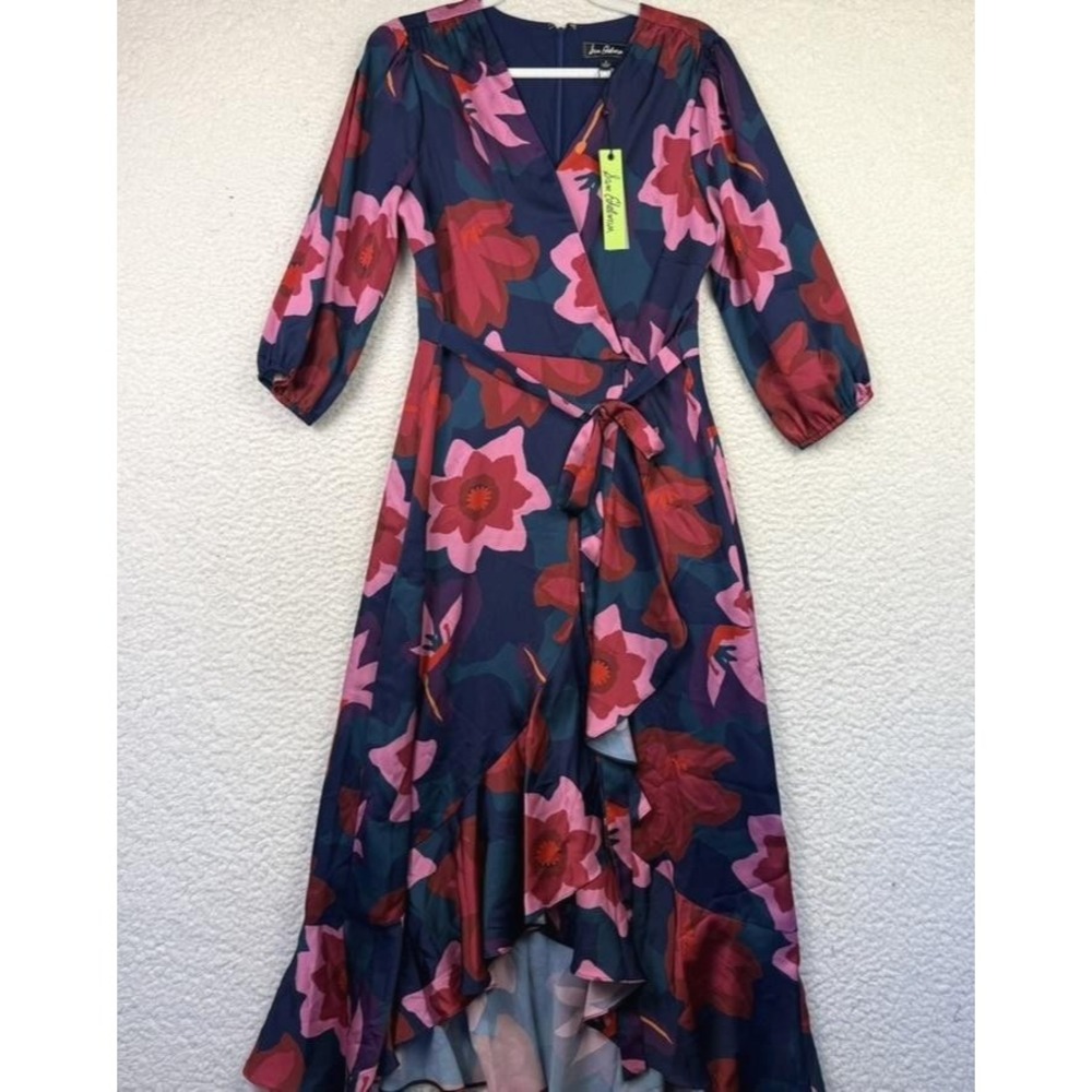 Sam Edelman Dress 8 Matissa Multi Floral Faux Wrap Midi Hi-Low Ruffle Belted
